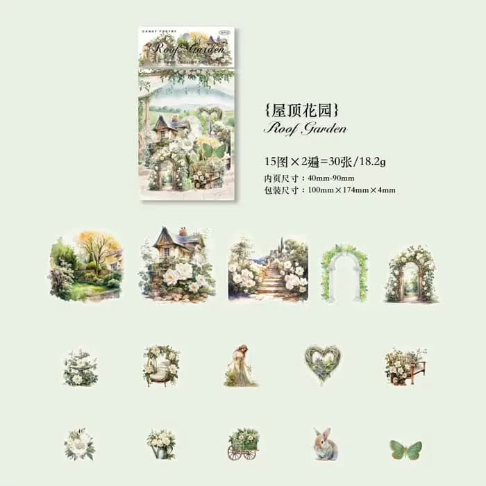 Lot de 30 autocollants paysagers pour jardin, paysages frais pour journal créatif, collage DIY
