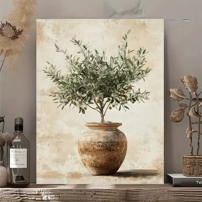 Toile d'olivier chic dans un vase – Décoration murale imperméable sans cadre pour salon, chambre à c