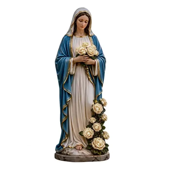 Statue de Jardin Marie, Statue Chrétienne d'Extérieur, Statue de la Vierge Marie avec Rose Lumineuse