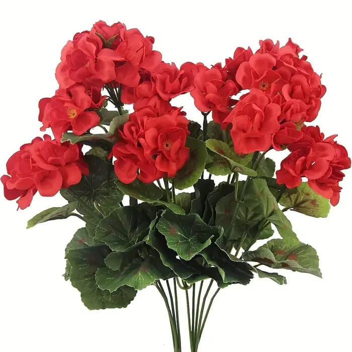 4 Geraniums artificiels résistants aux UV, rouge vif, avec feuilles vertes, adaptés aux décorations 