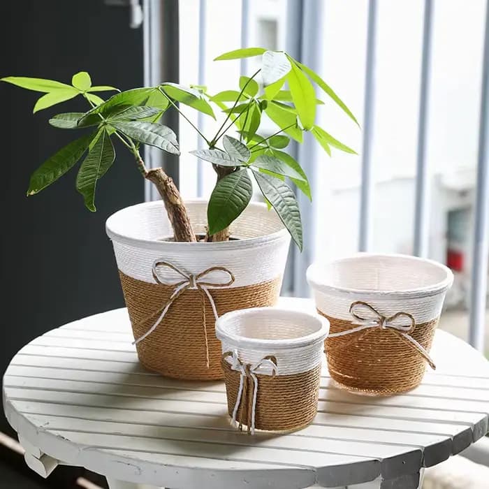 Pot de fleurs fraîches tressées en corde de papier, petit jardinière d'herbe tissée, panier décorati