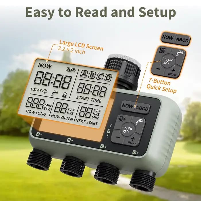 Minuteur d'arrosage Diivoo 4 zones, programmable, automatique, avec fonction de report de pluie, mod