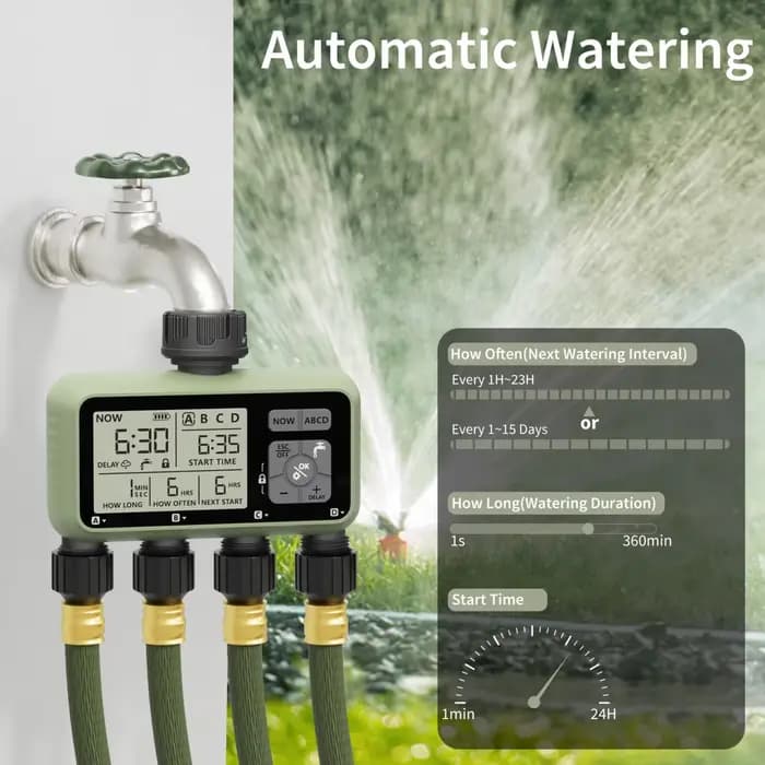 Minuteur d'arrosage Diivoo 4 zones, programmable, automatique, avec fonction de report de pluie, mod