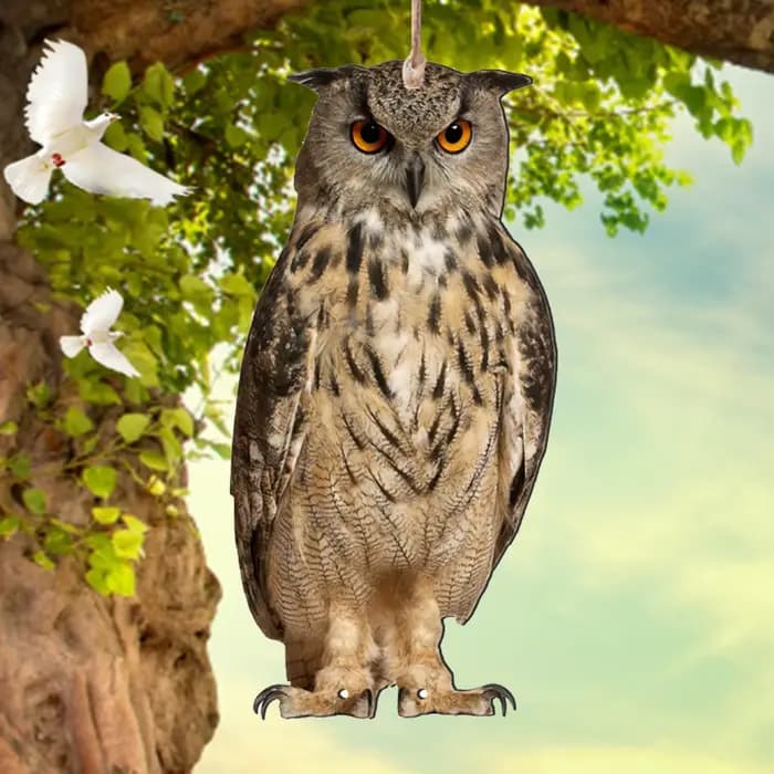 Fausse hibou répulsive avec clochettes, effaroucheur d'oiseaux rectangulaire suspendu 2D, dispositif