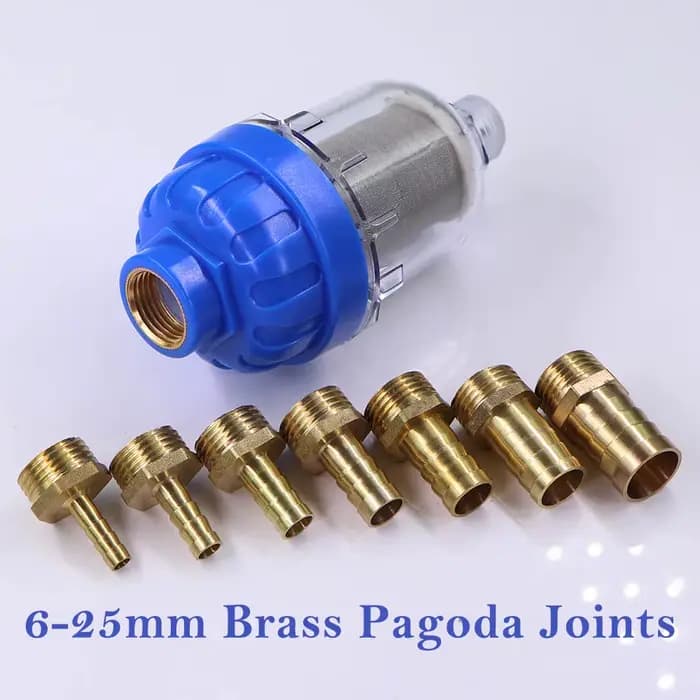 Pré-filtre 6-25mm 1/2 "40μm avec pagode, adaptateur de tuyau barbelé en laiton, Joints de coupleur, 