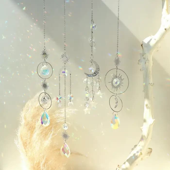 Attrape-soleil argenté en cristal, lune, Lotus, Chakra, décoration suspendue, attrape-soleil, fabric