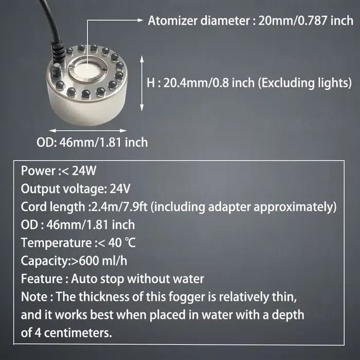 Générateur de Brouillard Ultrasonique 24V, Atomiseur Nébuliseur, Brumisateur, Lumière Chaude, Décora