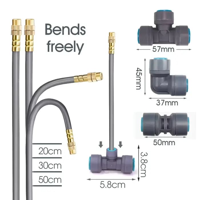Kit de pulvérisation Flexible et réglable en laiton, tuyau PE gris de 3/8 pouces, connexion rapide, 
