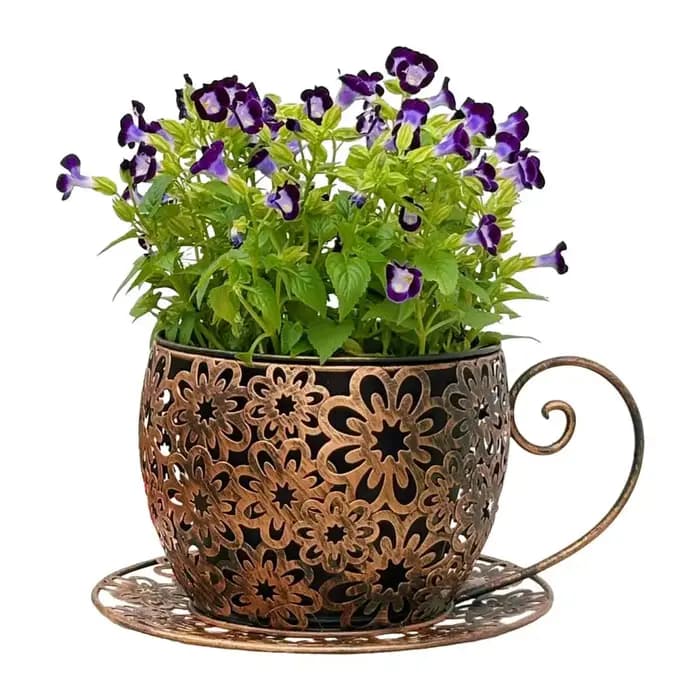 Pot de fleurs vintage en fer, jardinière en métal, pot de fleurs vintage en forme de tasse à thé ave