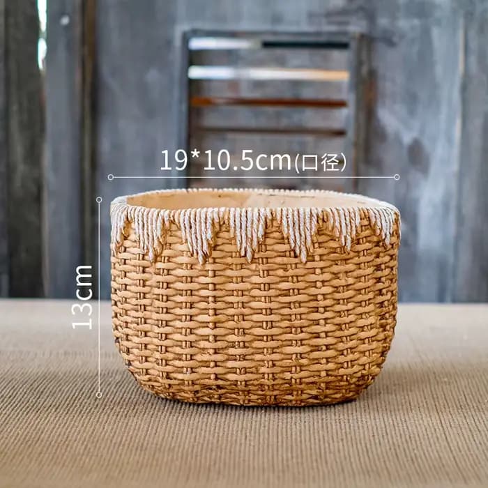 Pot de fleur en rotin tissé rustique, jardinière décorative de bureau en ciment, conteneur de plante
