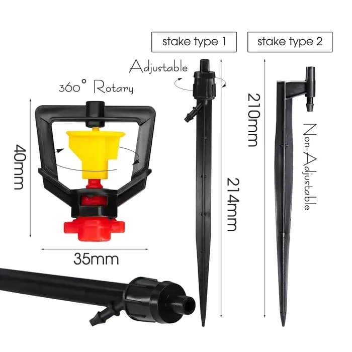 Micro arroseur de jardin à distance 360 °, buse d'irrigation goutte à goutte, émetteurs réglables, 1