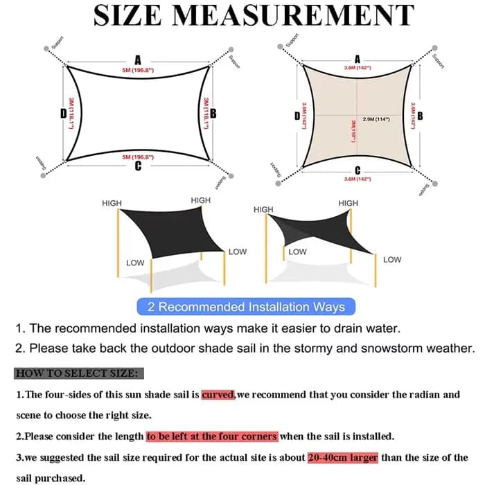 Voile pare-soleil imperméable à 98% UV, auvent carré Rectangle 3m * 3m/3.6m * 3.6m/5m * 3m/4m * 3m p