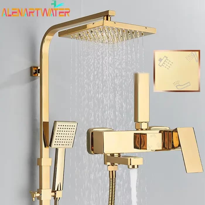 Robinets de douche en laiton, mélangeur de douche de salle de bains, grue, robinet de Bidet, ensemble de douche à pluie, pulvérisation de douche avec étagère, or
