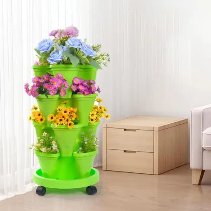 Nouvelle Jardinière Verticale Empilable en Plastique avec Roulettes Mobiles