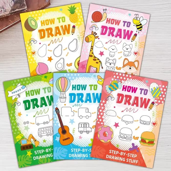 Livre de dessin amusant, guide étape par étape avec illustrations d'animaux, personnages de dessins animés mignons, livre de motifs colorés