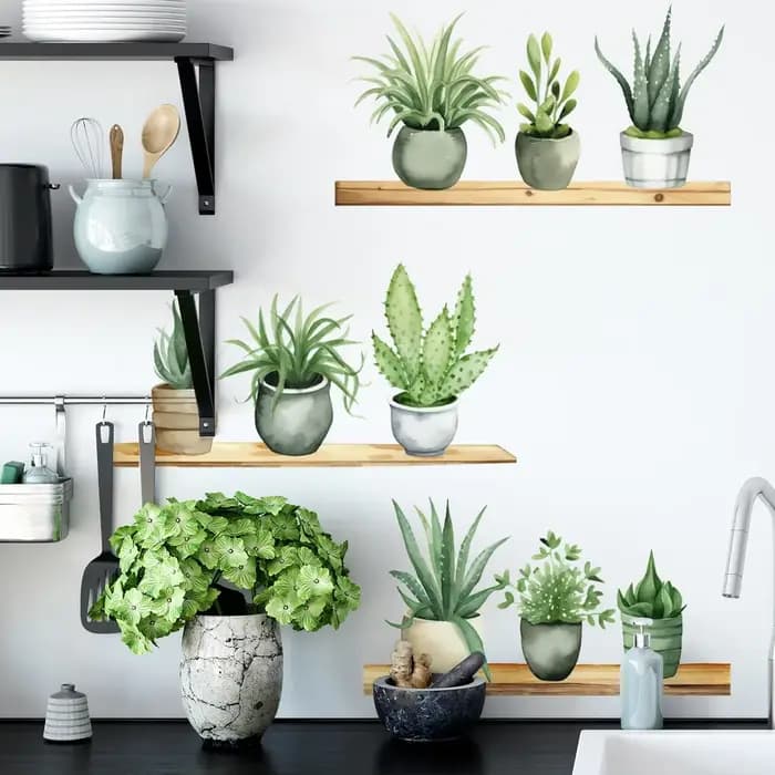 Autocollants d'étagère de plantes en pot vert frais