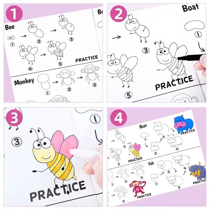 Livre de dessin amusant, guide étape par étape avec illustrations d'animaux, personnages de dessins animés mignons, livre de motifs colorés