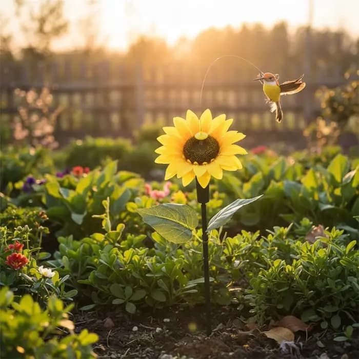 Décoration de jardin solaire rotative en forme de tournesol avec motif papillon et colibri pour extérieur