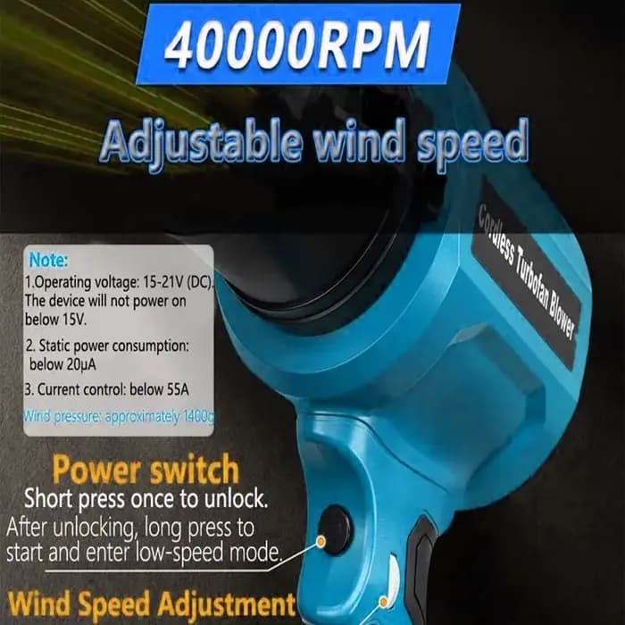 Souffleur turbo sans balais pour batterie Li-ion 18 V Makita/Dewalt/Milwaukee/Bosch/Ryobi