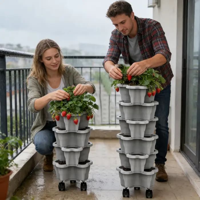 Tour de jardinage verticale empilable multi-niveaux avec roulettes mobiles pour la culture de fraises et légumes