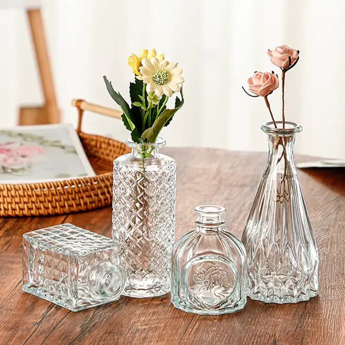 Vase en verre transparent vintage français ornemental à large ouverture pour pot de fleurs de table