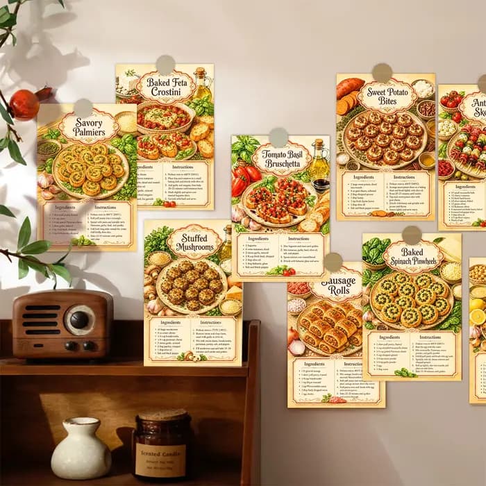 20 cartes postales vintage pour recettes d'apéritifs, cartes d'instructions pour collations savoureuses, cartes décoratives murales pour la cuisine, cadeaux pour les cuisiniers à domicile
