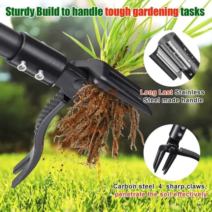 Désherbeur vertical, à long manche, pour désherber les racines profondes, adapté à l'entretien des pelouses, des cours et des jardins extérieurs.