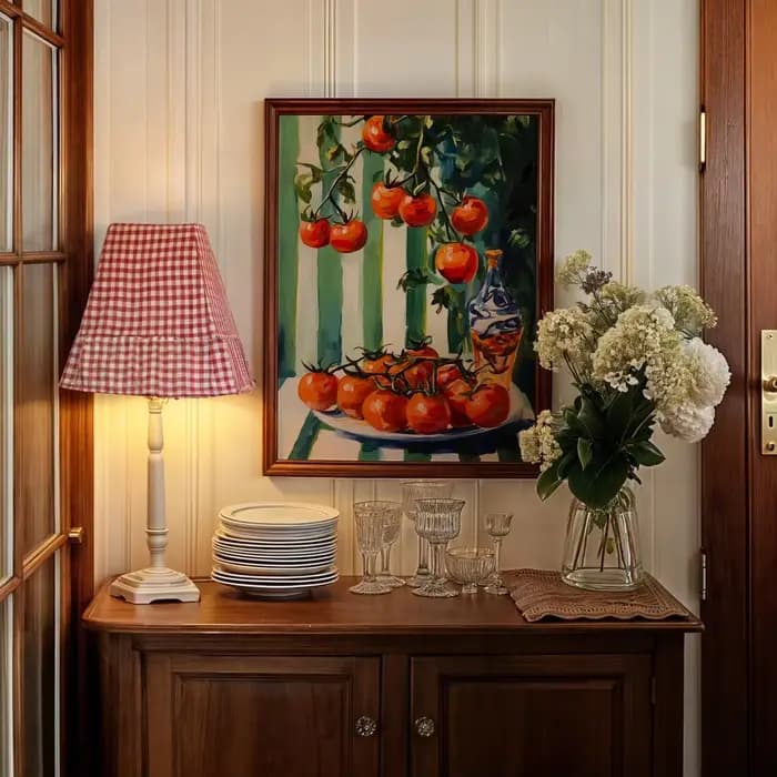 Art mural sur le thème de la récolte de tomates ensoleillées - Impressionniste luxuriant qui évoque l'abondance d'un jardin d'été. The Rich Red Tomatoes Co