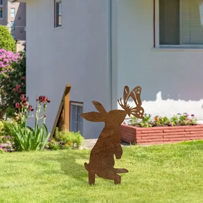 Décoration de jardin en métal rustique en forme de lapin - Charmante