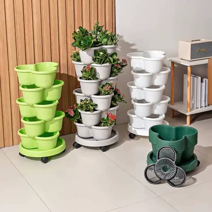 Jardinière verticale empilable multi-niveaux en plastique avec roulettes mobiles pour fraises
