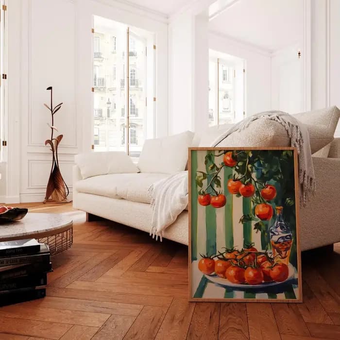 Art mural sur le thème de la récolte de tomates ensoleillées - Impressionniste luxuriant qui évoque l'abondance d'un jardin d'été. The Rich Red Tomatoes Co