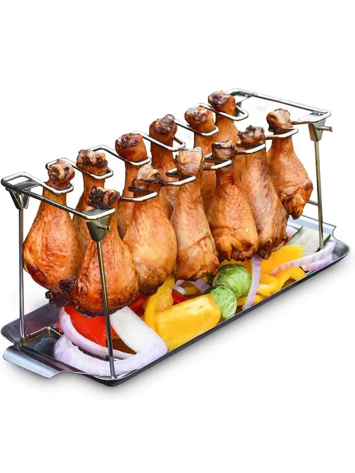 Support de jambe de poulet pour gril avec plateau d'égouttage, support d'aile de poulet à 14 fentes, support de baguettes de poulet en acier inoxydable de qualité supérieure pour fumeur