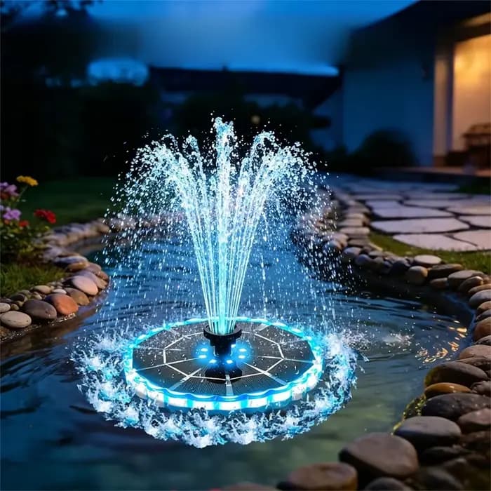 Pompe de fontaine flottante solaire avec lumière LED colorée pour jardin extérieur
