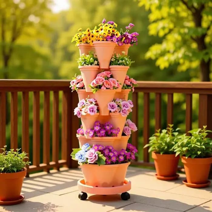 Nouvelle Jardinière Verticale Empilable en Plastique avec Roulettes Mobiles