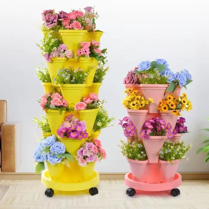 Nouvelle Jardinière Verticale Empilable en Plastique avec Roulettes Mobiles