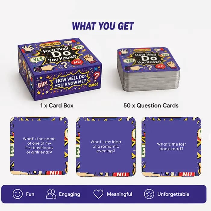 Jeu de cartes 50 questions profondes : Combien bien me connaissez-vous ? Démarreur de conversation amusant pour la famille, soirée entre amis, camping, cadeau de Noël