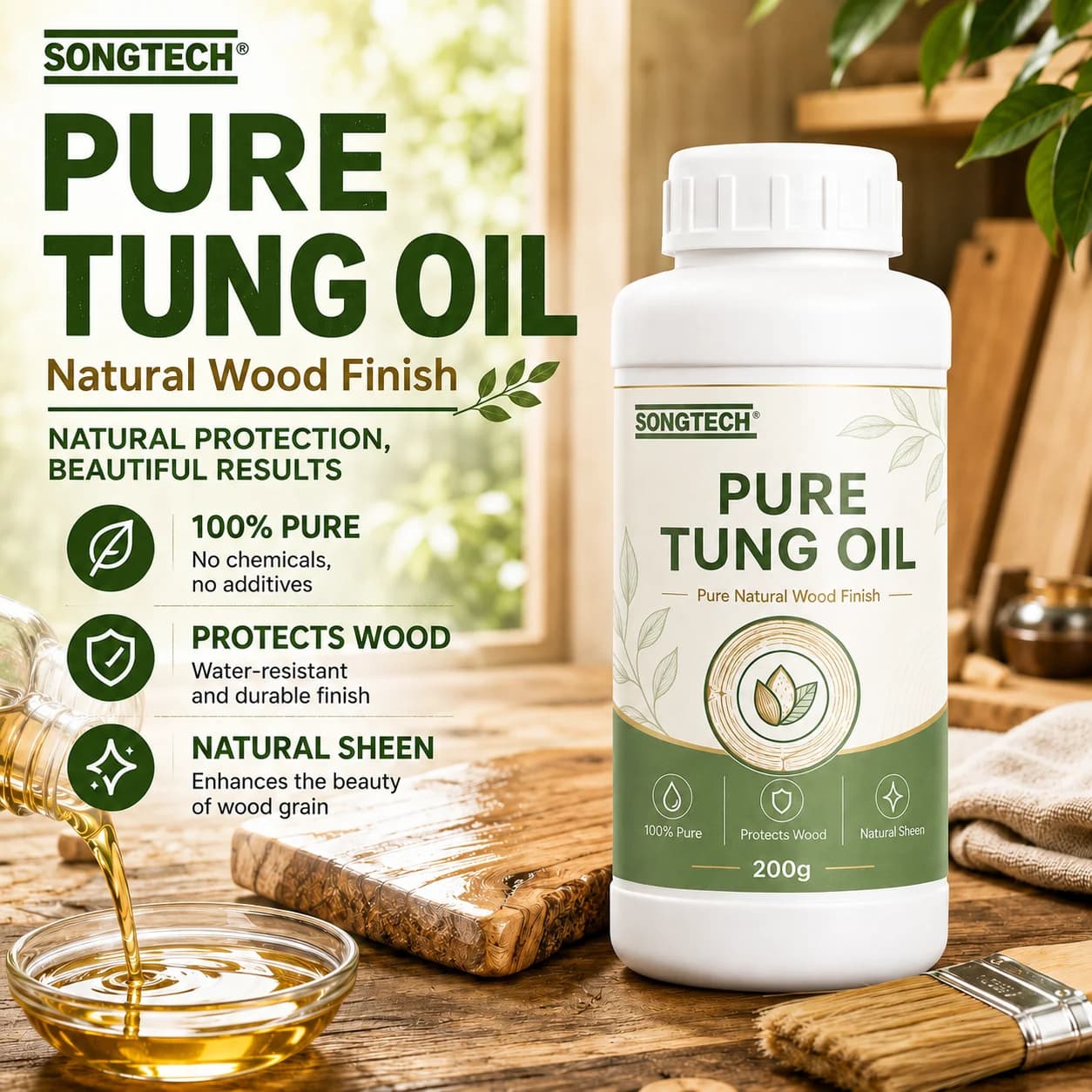 Huile de tung 100% pure 200g, huile naturelle pour le fini du bois, pour meubles, planches à découpe