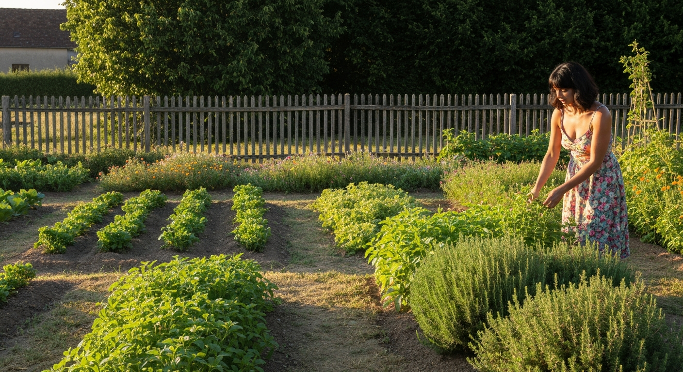 Potager français au crépuscule, portail ouvert sur les parcelles.