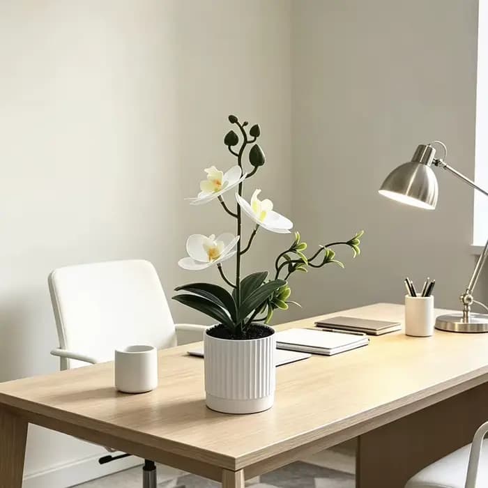 Pot en terre cuite noir avec trois orchidées papillon tactiles, plante en pot simulée, décoration de