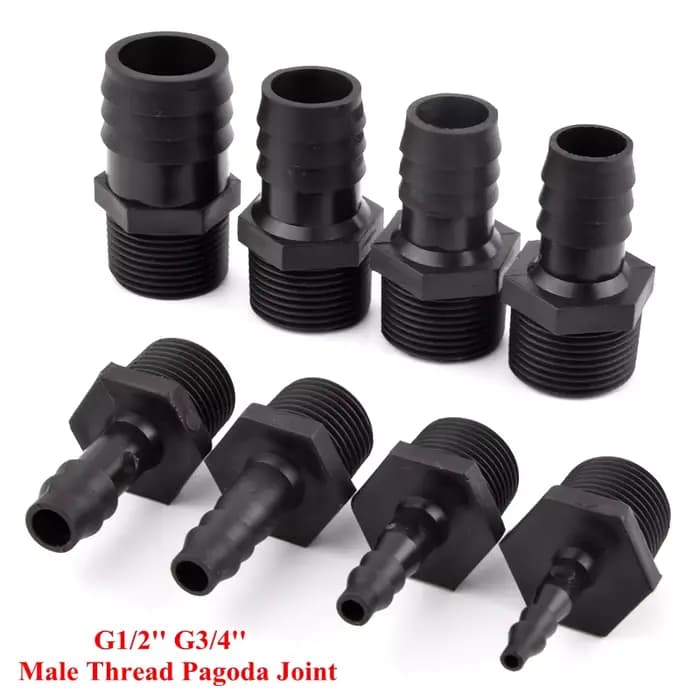 Raccord Pagode Noir G1/2'' 3/4'' à Filetage Externe pour Aquarium, Connecteur Droit pour Tuyau d'Irr