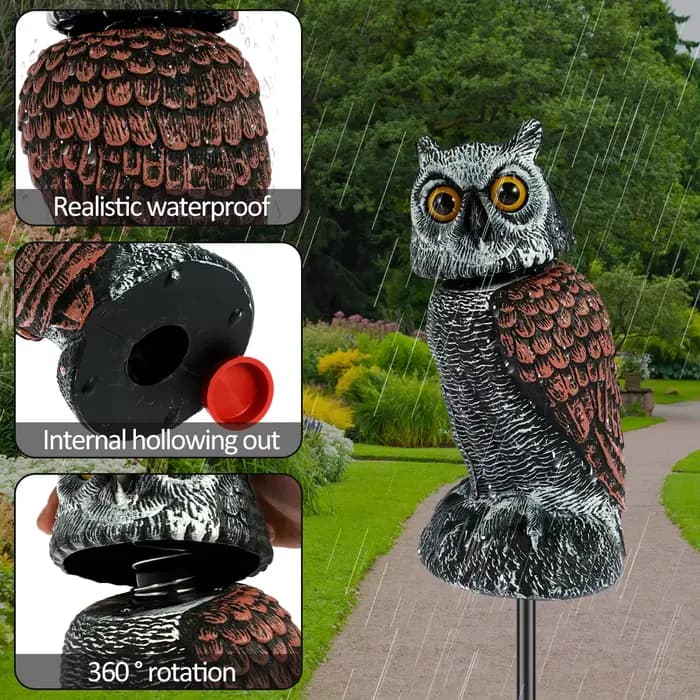 Faux hiboux effrayent les oiseaux avec 360 ° Tête pivotante imperméable, faux hibou, répulsif anti