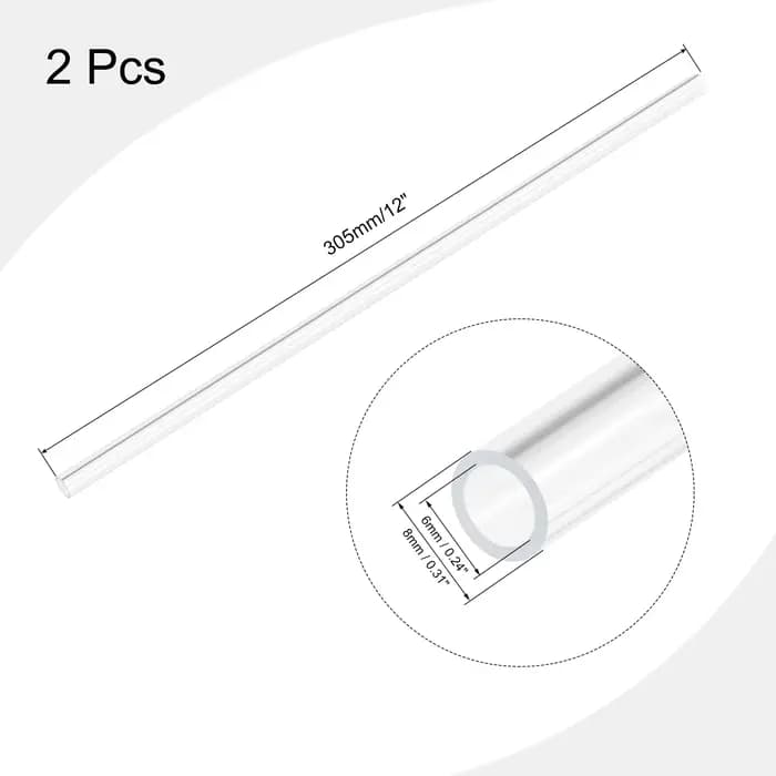 Tuyau acrylique rigide Transparent de 305mm de longueur, 2 pièces, 6mm ID x 8mm OD, tuyau d'eau Tran