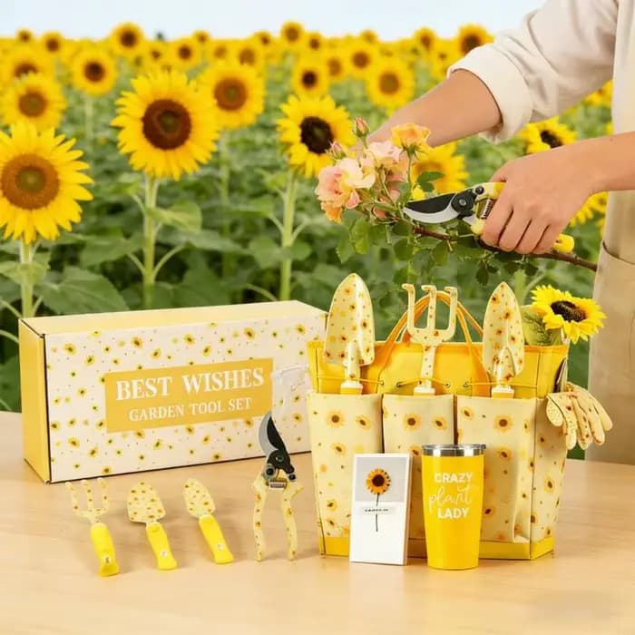Dernier coffret cadeau jardinage mettant en valeur belle finition du plan floral avec des appareils
