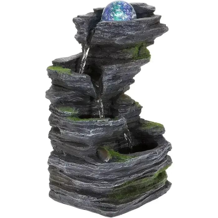 Fontaine d'eau de jardin extérieure, cascade de roches empilées à 5 niveaux avec lumière LED, fontai