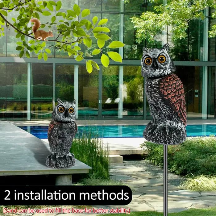 Faux hiboux effrayent les oiseaux avec 360 ° Tête pivotante imperméable, faux hibou, répulsif anti