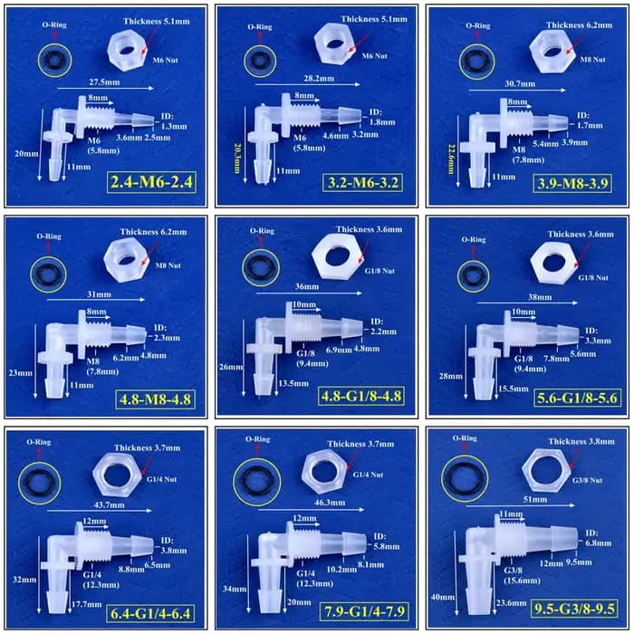Connecteur coudé pagode PP M6 ~ G1/2 à 2.4-11.1mm + écrou joint torique adaptateur de réservoir d'aq