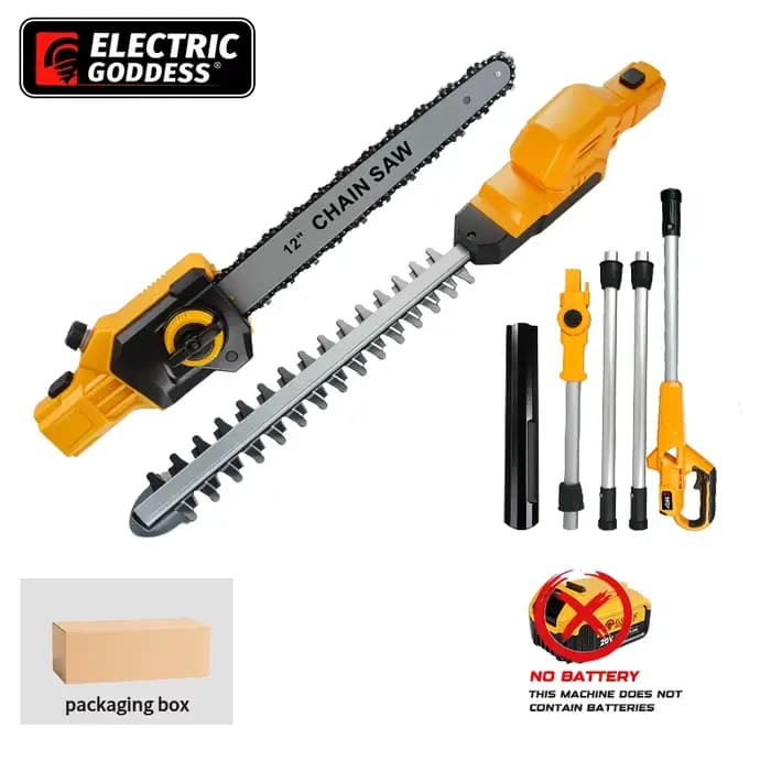 Taille-haie électrique 2-en-1 sans fil télescopique 12 pouces avec tronçonneuse, outils de jardinage
