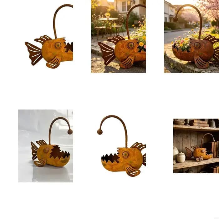 Lanterne en fer rouillé, Pot fleur décoratif en forme poisson, jardinière jardin artisanale pour déc