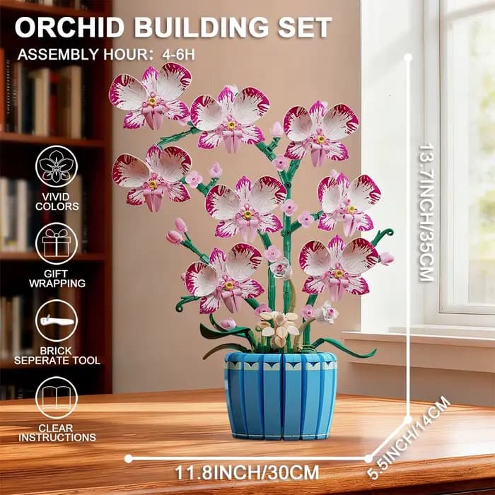 Pot d'orchidée, plante en pot, blocs de construction, fleur rose, modèle de plante en pot, jeux de p