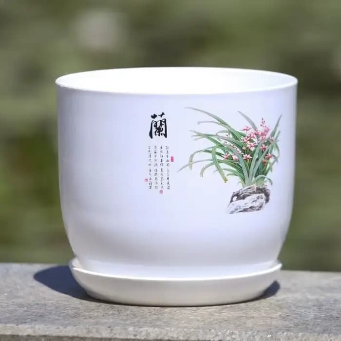 Pot de fleurs en plastique extra large blanc avec plateau, pot de fleurs en résine PP rond respirant
